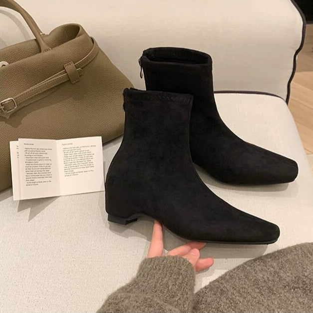 Damen Knöchelhohe Leder-Stiefelette mit quadratischer Zehenpartie, Mittelnähte und elastischem Schaft Drune