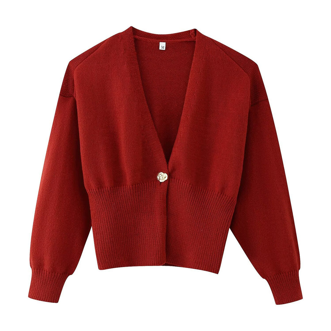 Damen Kurze V‑Ausschnitt Strickjacke mit Ballonärmeln und Zierknopf Drune