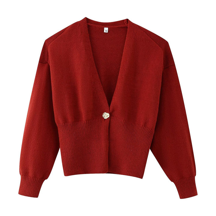 Damen Kurze V‑Ausschnitt Strickjacke mit Ballonärmeln und Zierknopf Drune