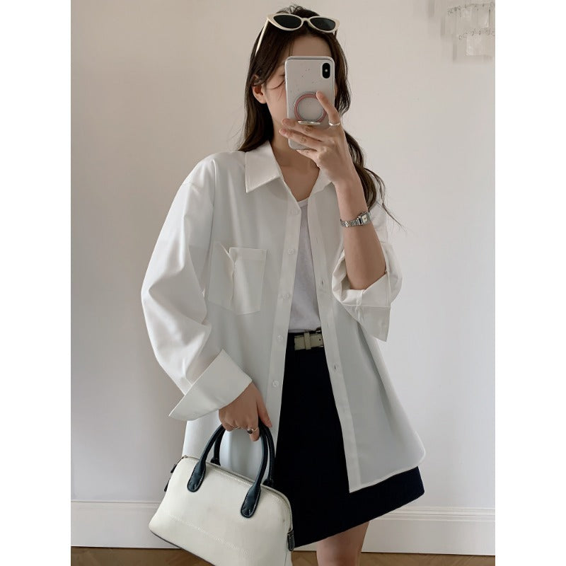 Damen Oversized Hemdbluse aus fließendem Material mit Brusttasche Drune