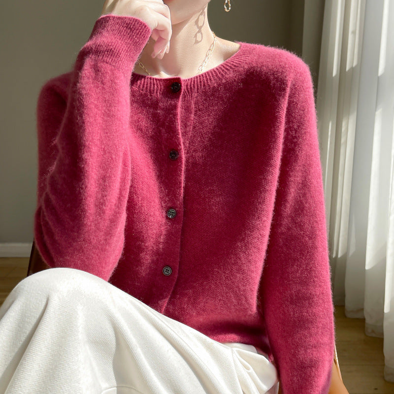 Damen Kurzgeschnittener Feinstrick-Cardigan mit Rundhalsausschnitt und schimmernder Knopfleiste Drune