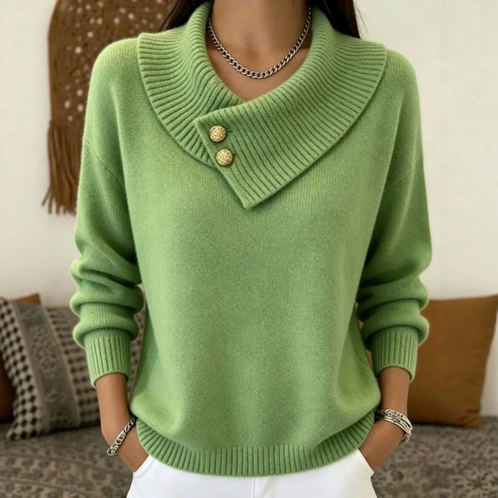 Damen Feinstrick-Pullover mit überlappendem Schalkragen und Zierknöpfen Drune