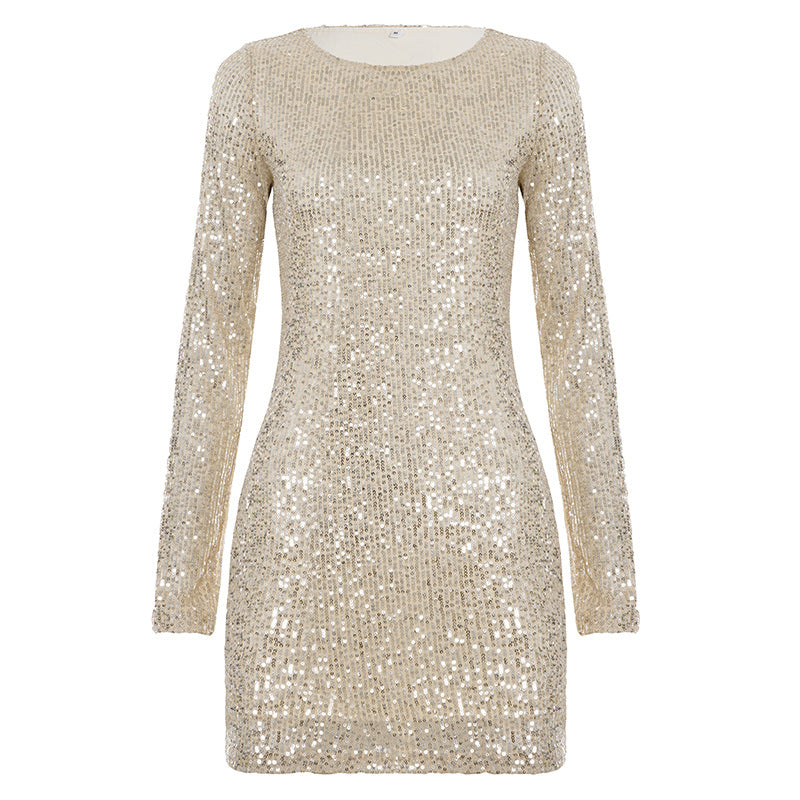 Damen Glitzerndes Minikleid mit langen Ärmeln und Rundhalsausschnitt Drune