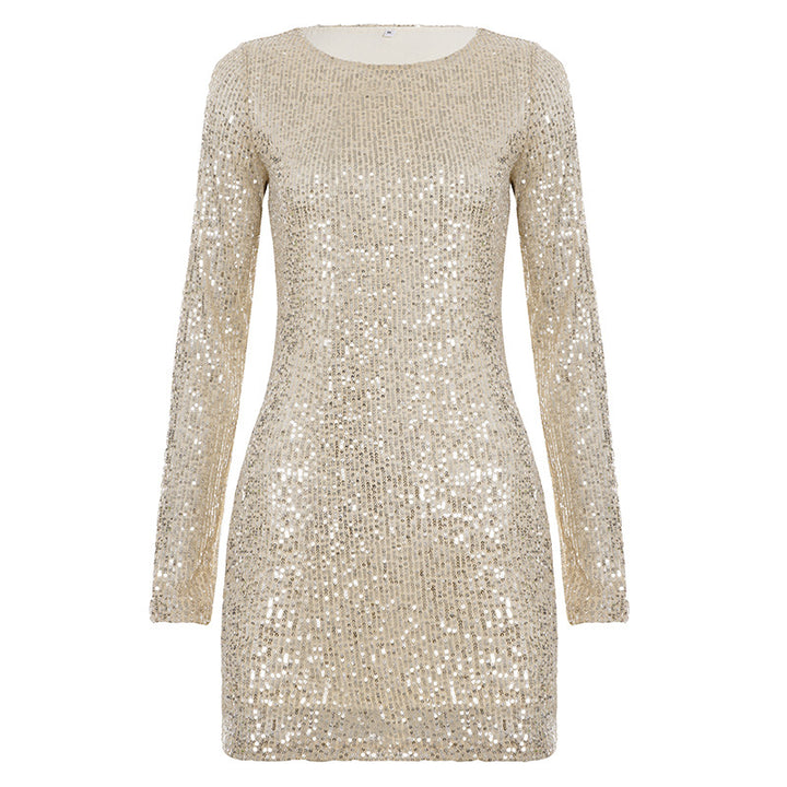 Damen Glitzerndes Minikleid mit langen Ärmeln und Rundhalsausschnitt Drune