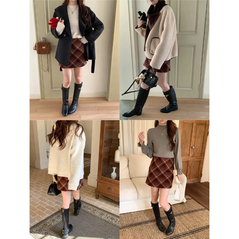 Damen modischer Minirock mit karierter Struktur und seitlichen Taschen Drune