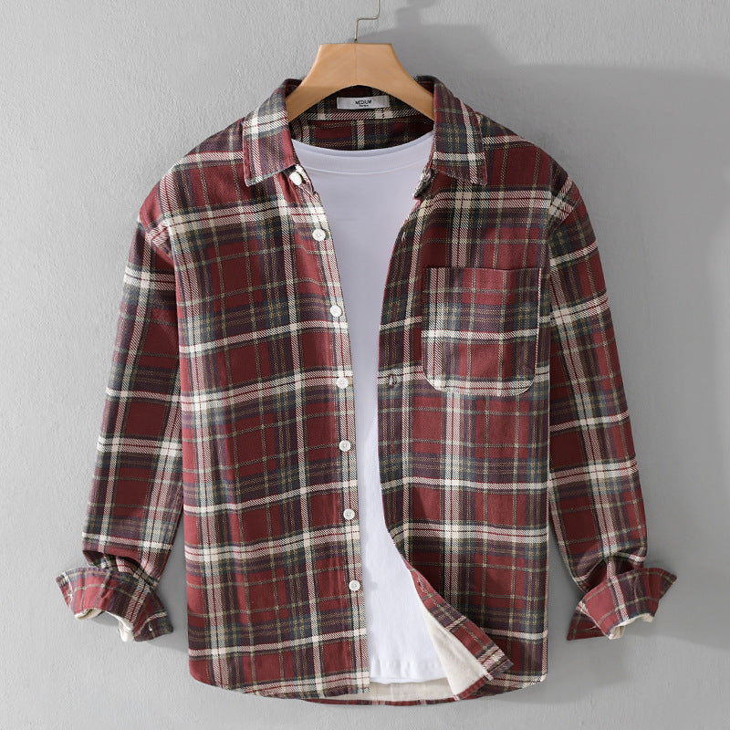 Herren Karierter Flanell-Overshirt im Vintage‑Look mit aufgesetzter Brusttasche und gerundetem Saum Drune
