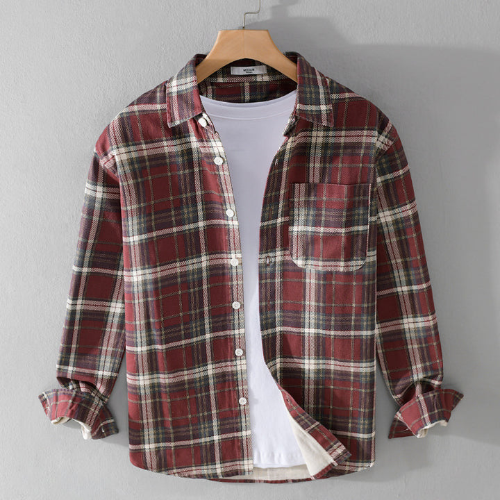 Herren Karierter Flanell-Overshirt im Vintage‑Look mit aufgesetzter Brusttasche und gerundetem Saum Drune