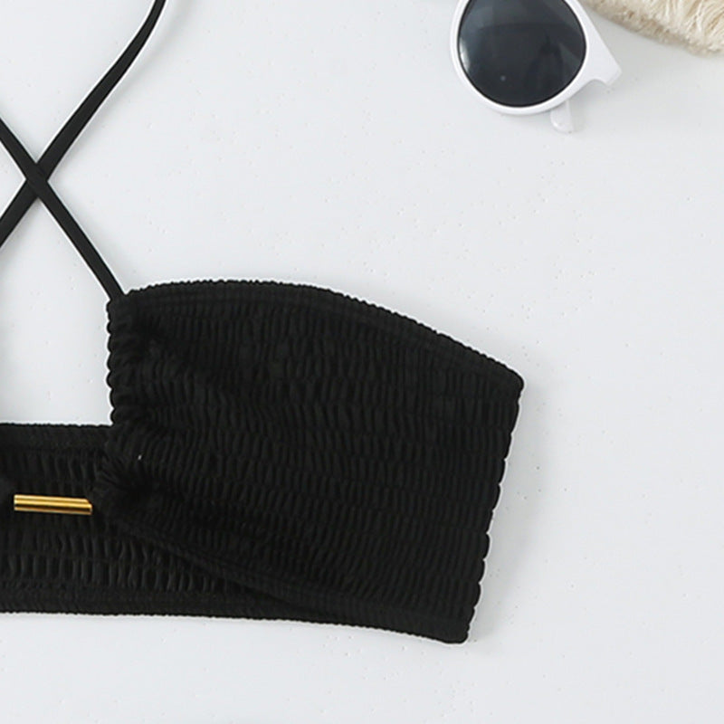Damen Bikini-Set mit gerafftem Bandeau-Oberteil und hoch geschnittenen Höschen Drune