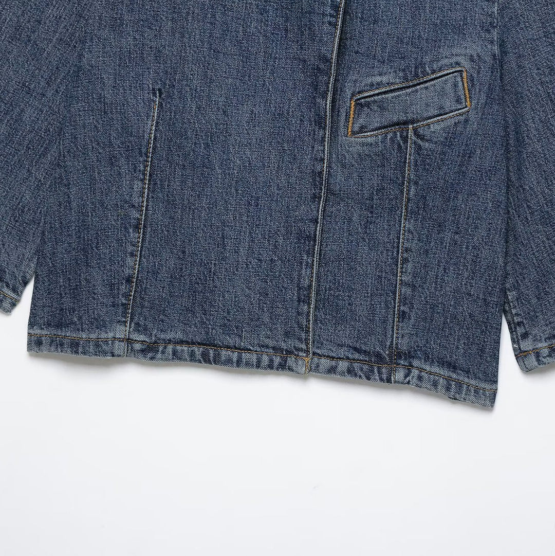 Damen Cropped Jeansjacke im Boxy-Cut mit Stehkragen und verdeckter Knopfleiste Drune