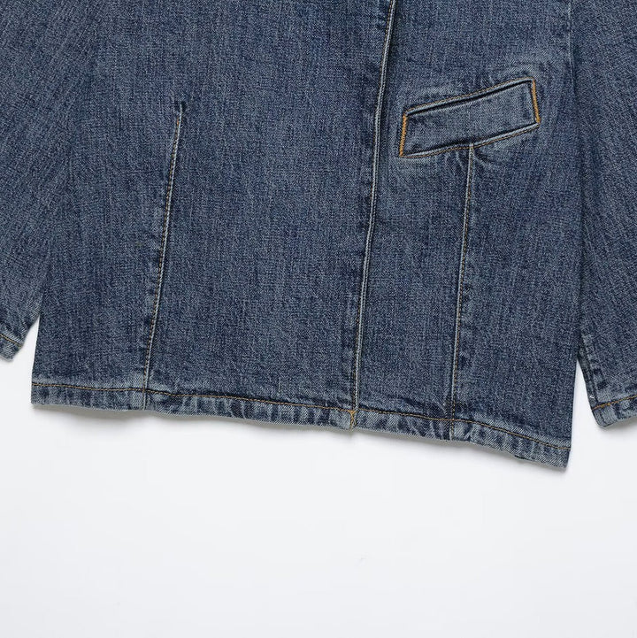 Damen Cropped Jeansjacke im Boxy-Cut mit Stehkragen und verdeckter Knopfleiste Drune