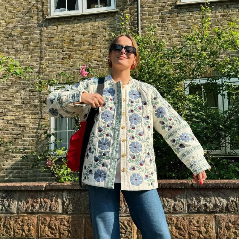 Damen 100+ gestepptes besticktes Jackenblouson mit Taillengürtel und floraler Stickerei Drune