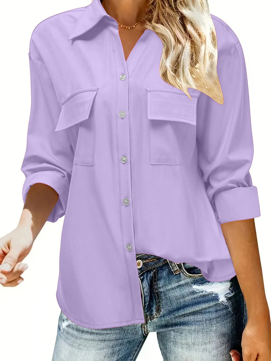 Damen Oversize-Hemdbluse mit Pattentaschen, durchgehender Knopfleiste und umgeschlagenen Ärmeln Drune