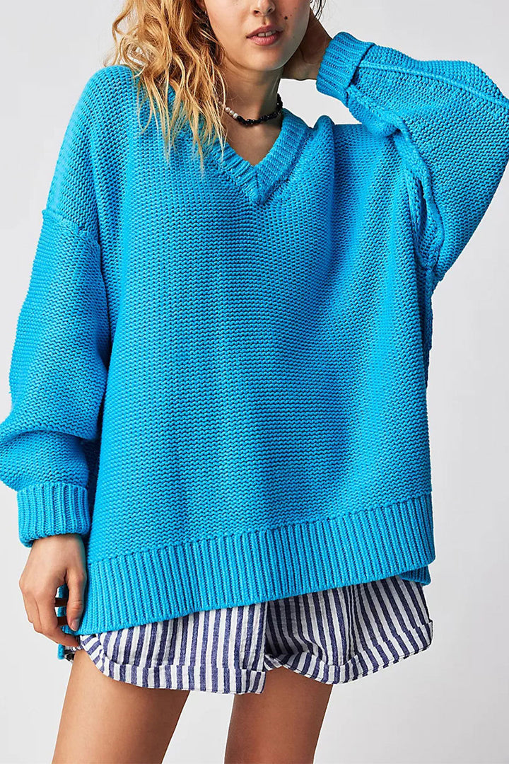 Damen V-Ausschnitt Oversized Pullover mit strukturiertem Strickmuster Drune