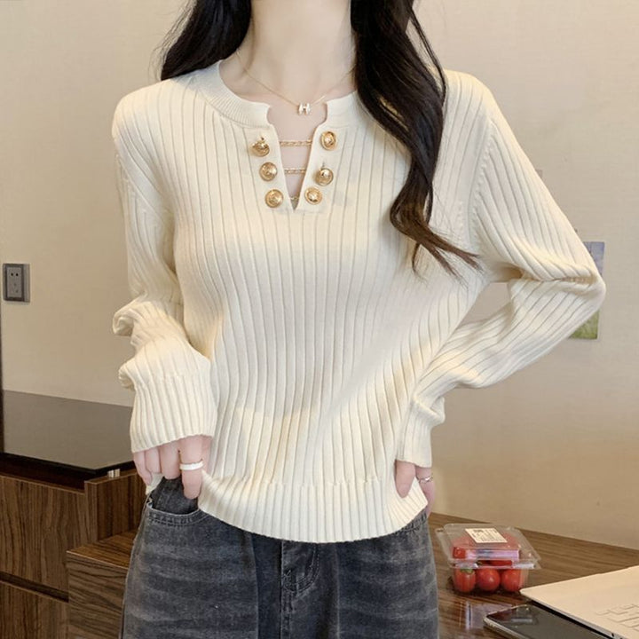 Damen Rippstrickpullover mit dekorativen Knöpfen Drune