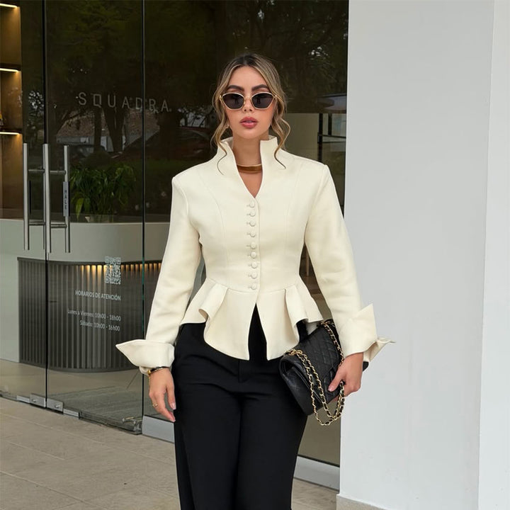 Damen Taillierter Blazer mit Schößchen, Stehkragen & Zierknopf-Leiste Drune
