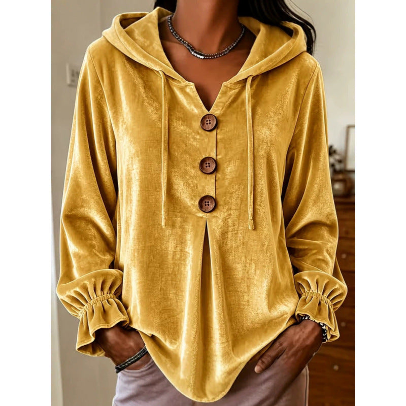 Damen Samt-Hoodie mit Holzknopfblende, Tunnelzug und gerafften Ärmeln Drune