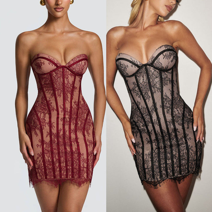 Damen verführerisches Spitzenkleid mit herzförmigem Ausschnitt und figurformendem Design Drune