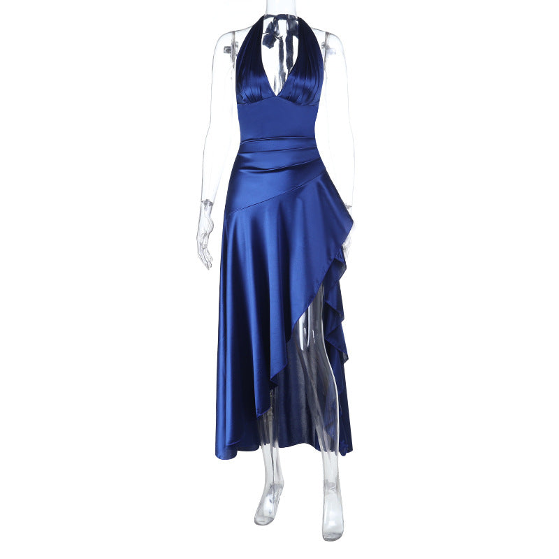 Damen asymmetrisches Satin-Maxikleid mit tiefem V-Ausschnitt Drune