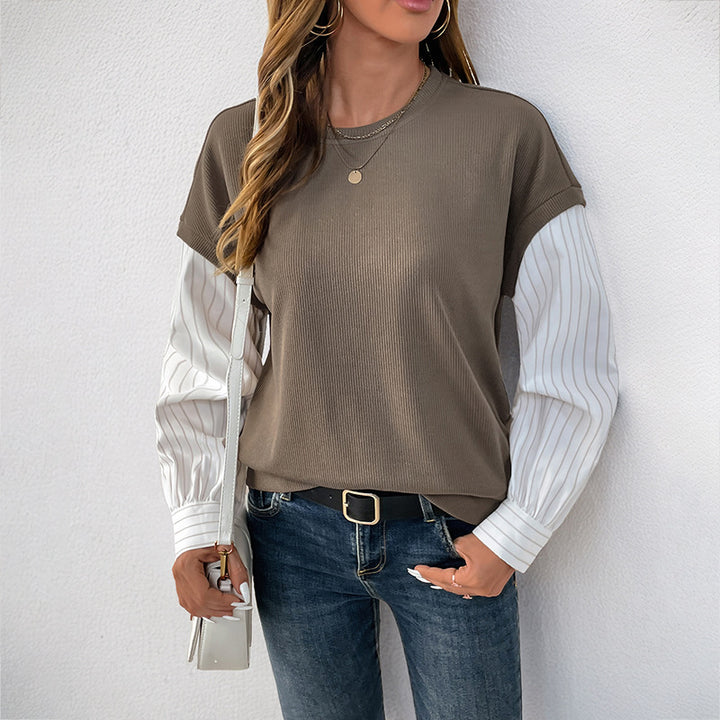 Damen Casual-Longsleeve mit Rippoberteil & gestreiften Blusenärmeln Drune