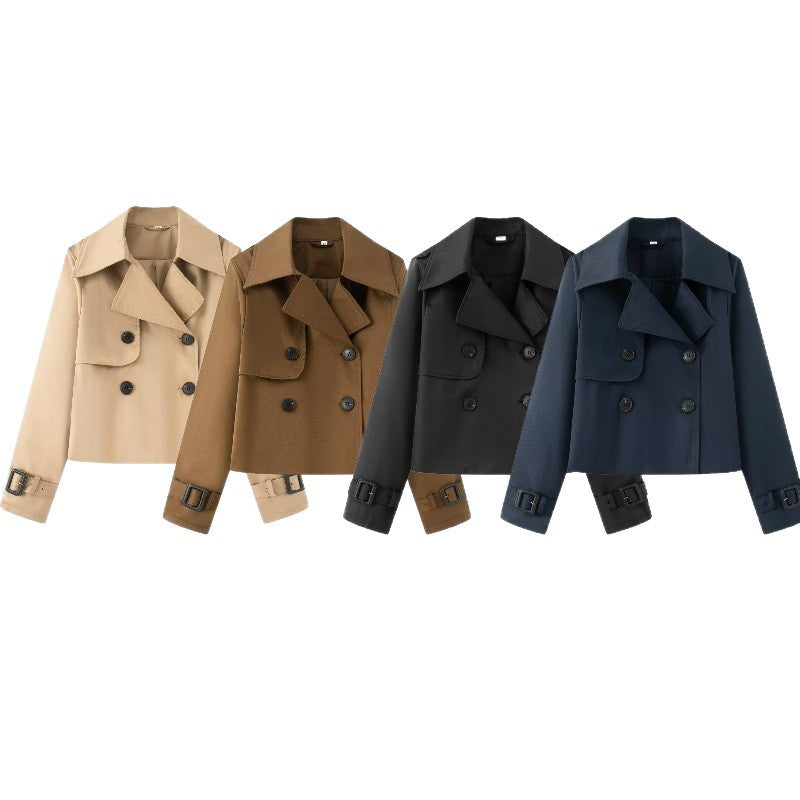 Damen Cropped-Doppeltreiher Trenchcoat mit breitem Revers und verstellbaren Manschetten Drune