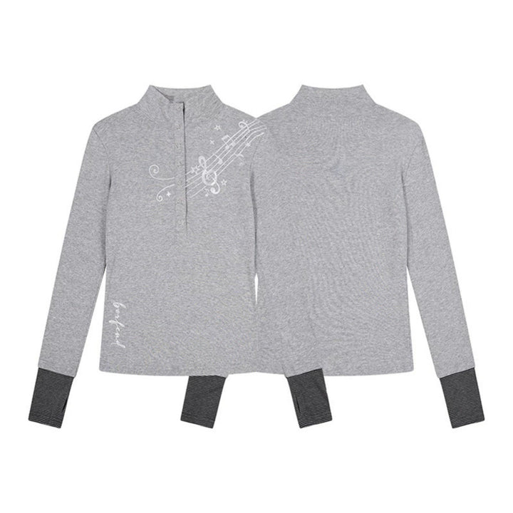 Damen Langarm-Poloshirt mit Stehkragen, Knopfleiste und Noten-Print Drune