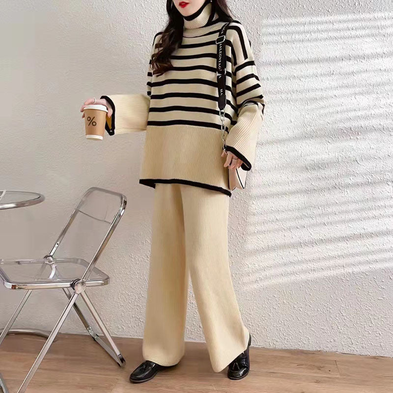 Damen gestreifter Strickpullover mit weiter Passform und hohen Kragen Drune