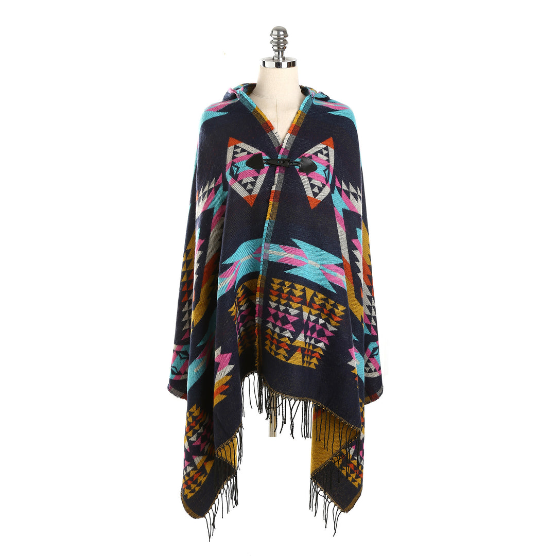Damen Ethno-Jacquard-Poncho mit Knebelverschluss und Fransensaum Drune