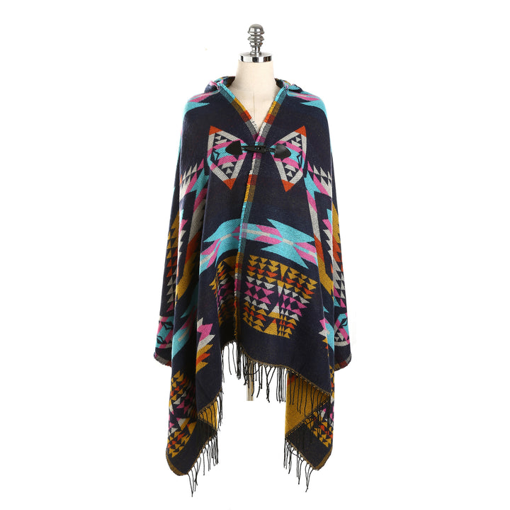 Damen Ethno-Jacquard-Poncho mit Knebelverschluss und Fransensaum Drune