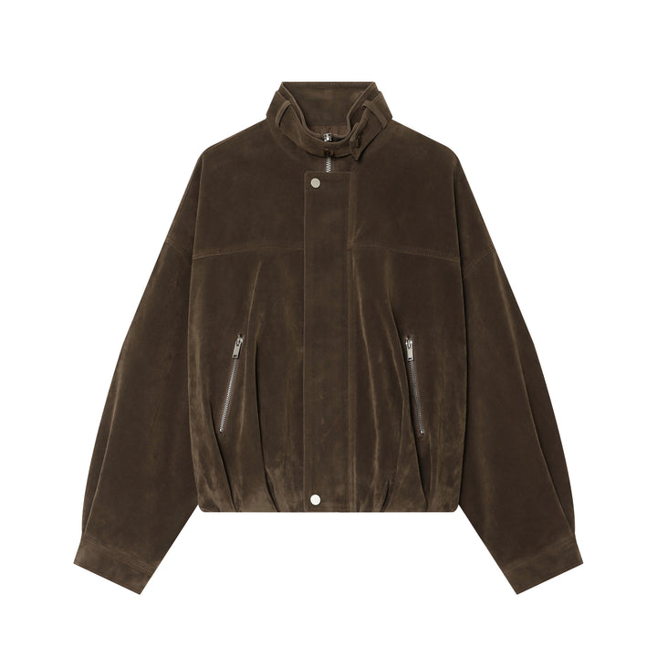 Damen nan kastiger Cropped Veloursleder-Blouson mit Stehkragen und diagonalem Reißverschlusstaschen-Detail Drune