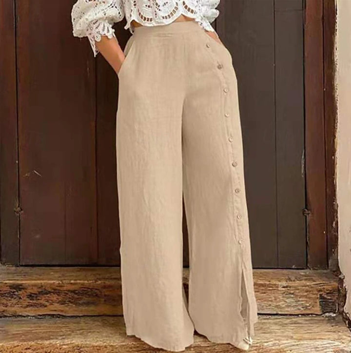 Damen weite Baumwollhose mit seitlichen Knopfdetails und eleganter Beinöffnung Drune