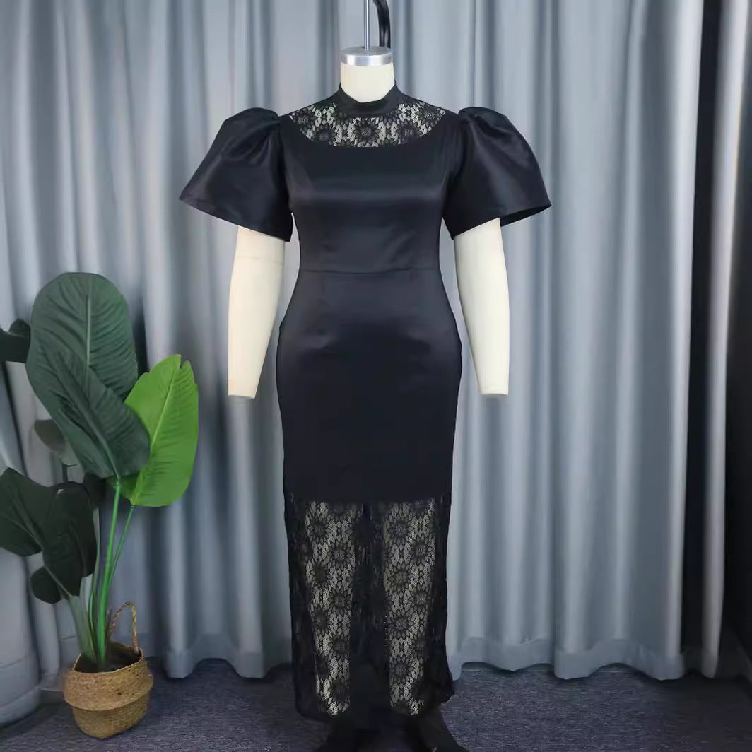 Damen Elegantes Maxikleid mit dekorativen Puffärmeln und romantischem Spitzenunterbau Drune