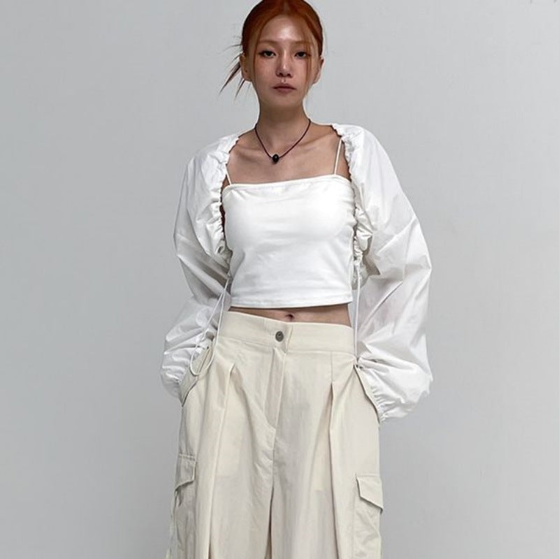 Damen cropped Langarmbluse mit Rüschen Drune