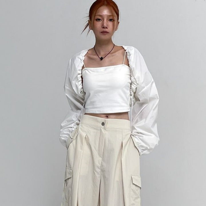 Damen cropped Langarmbluse mit Rüschen Drune