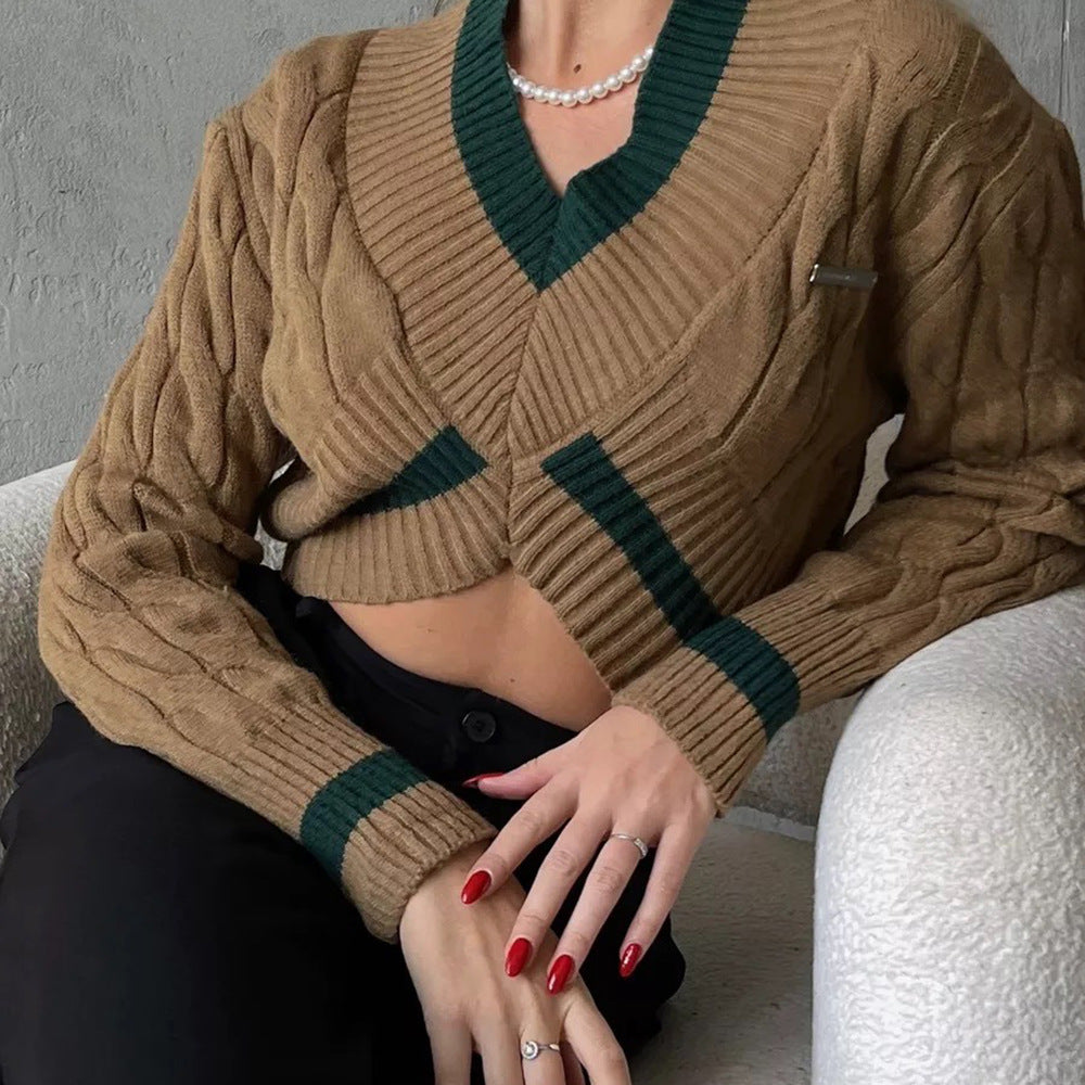 Damen cropped Strickpullover mit V-Ausschnitt und Kontrastdetails Drune