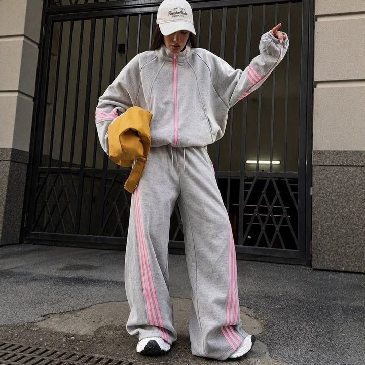 Damen weites Jogginganzug-Set aus Baumwollfleece mit Reißverschluss und seitlichen Kontraststreifen Drune
