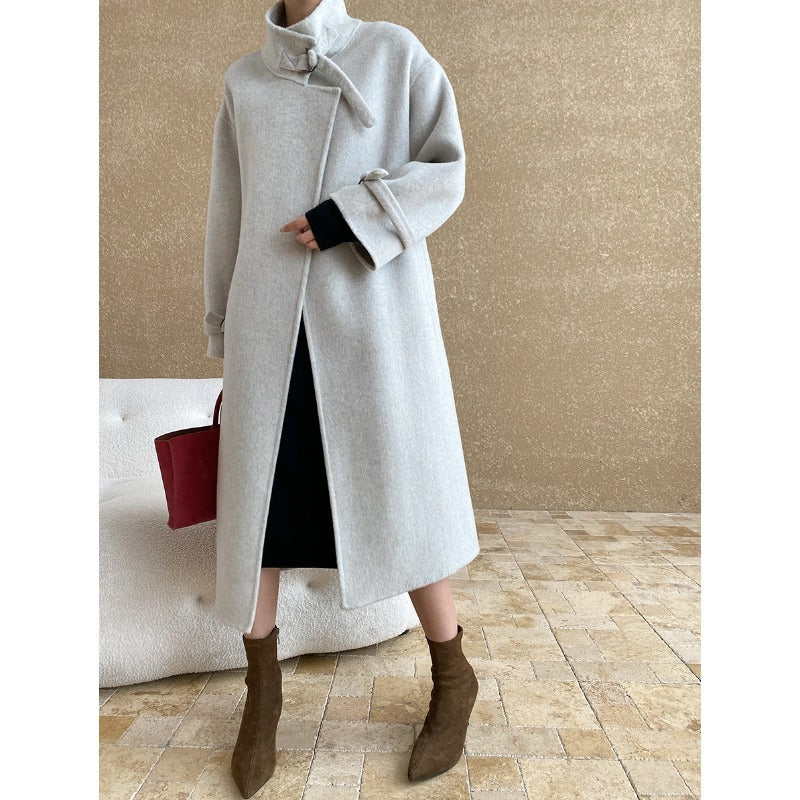 Damen eleganter langer Mantel aus hochwertigem Wollmix mit modischem Revers Drune