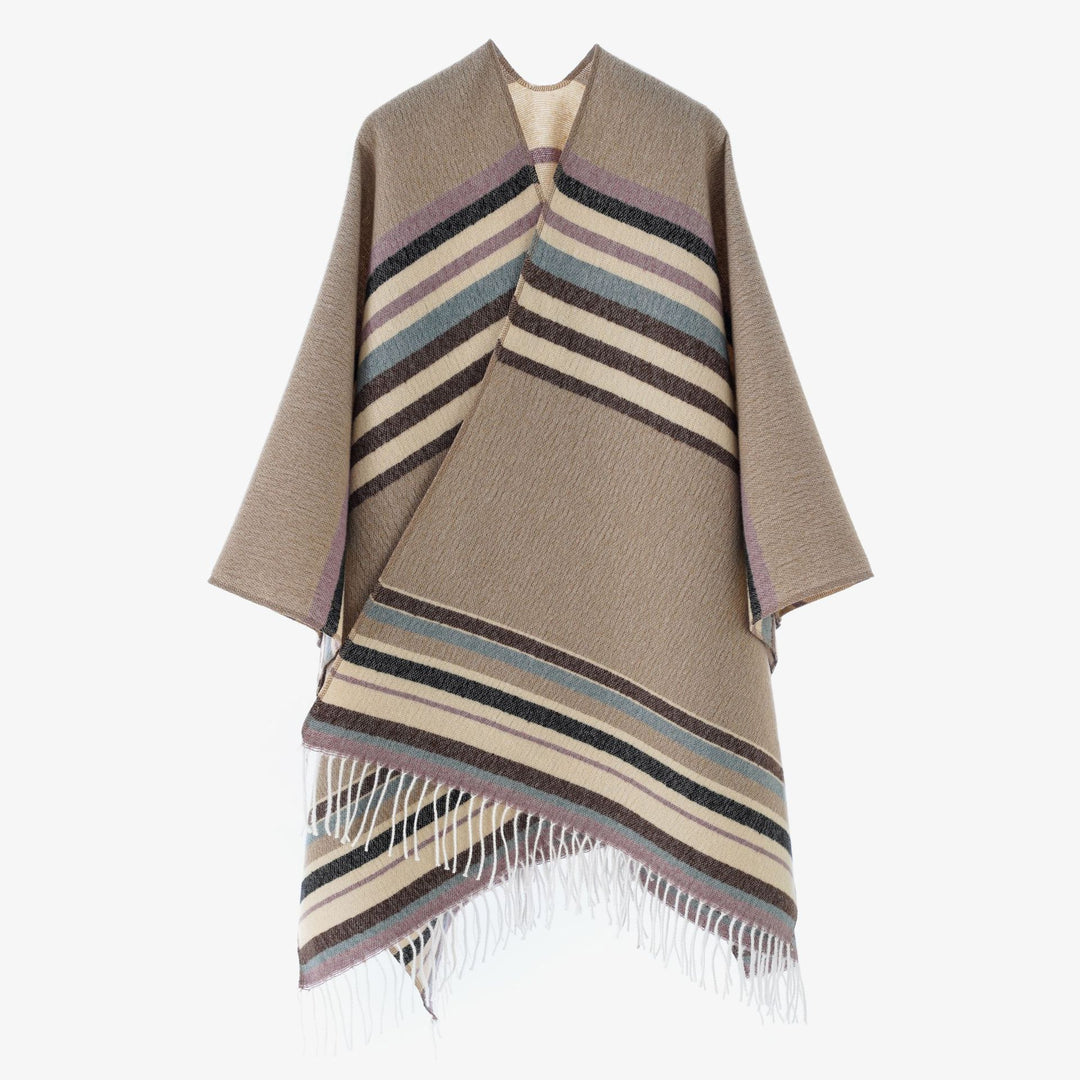 Damen kastiger Capeponcho mit V-Ausschnitt, feinem Fransensaum und gestreifter Webstruktur Drune