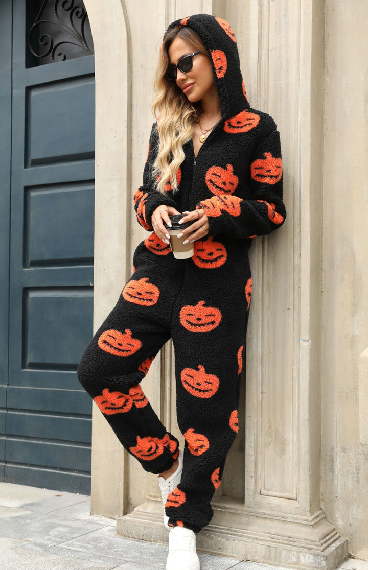 Damen Gemütlicher Halloween-Jumpsuit mit Kapuze und kuscheligem Fleece Drune