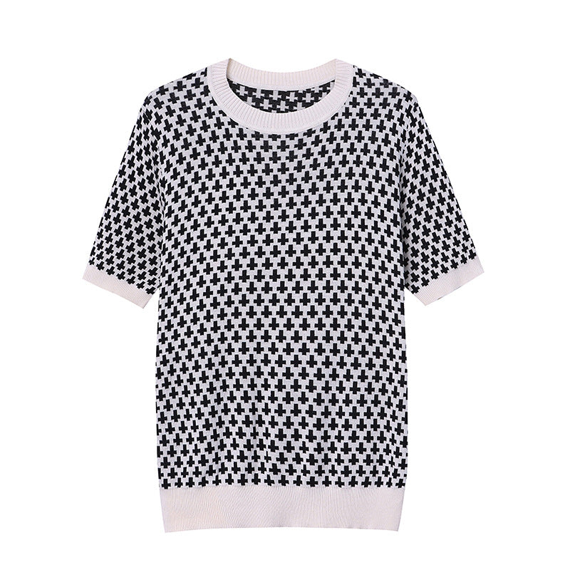 Damen Modischer Kurzarm-Pullover mit grafischem Muster Drune