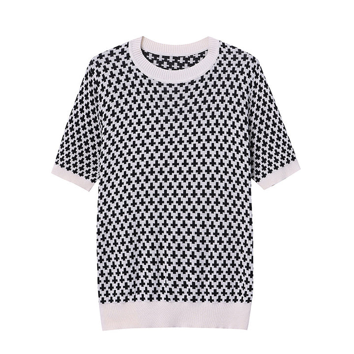 Damen Modischer Kurzarm-Pullover mit grafischem Muster Drune