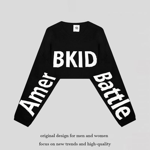 Damen Cropped Strickpullover mit weiten Raglanärmeln und Statement-Schriftzug Drune