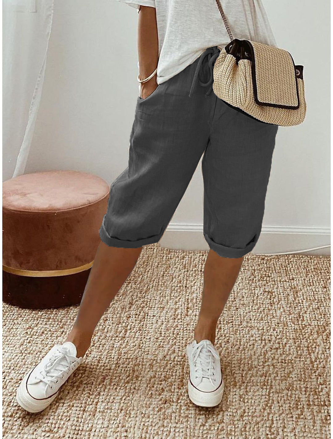 Damen lässige Cropped-Hosen mit Gummi Bund und Taschen Drune