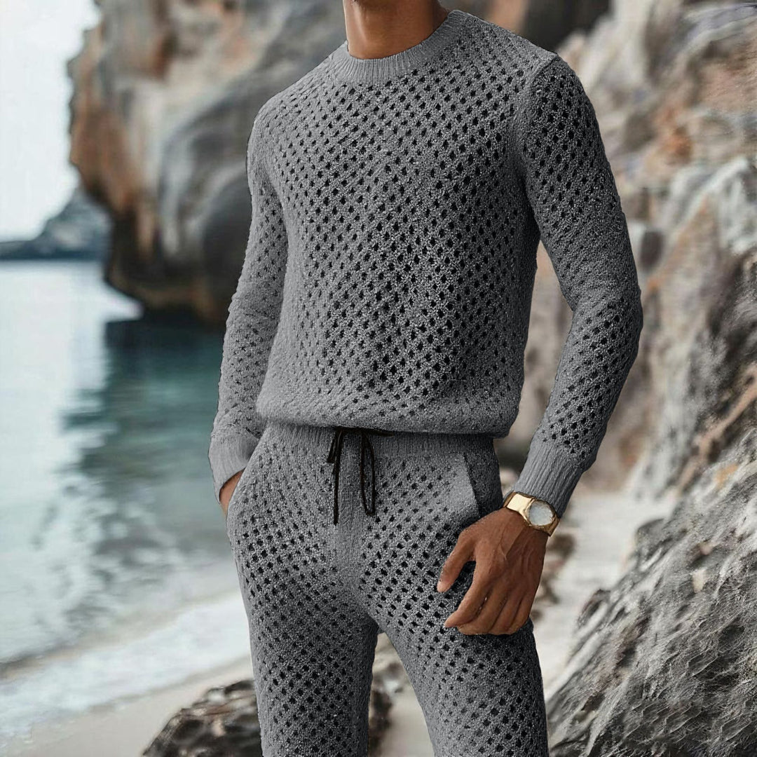 Herren Strukturstrick-Pullover mit feinmaschigem Lochmuster und Rundhals Drune