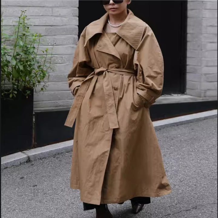 Damen Voluminöser Trenchcoat im Oversize-Look mit weitem Wasserfallkragen und Taillenbindegürtel Drune