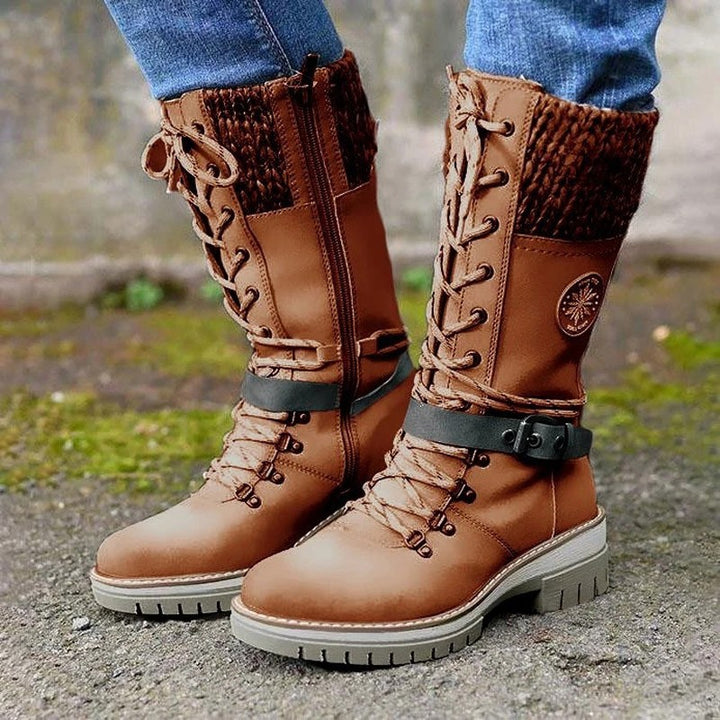 Damen nan gefütterte Schnürstiefel mit gestricktem Schaftbund, dekorativem Schnallenriemen und profilierter Gummisohle Drune