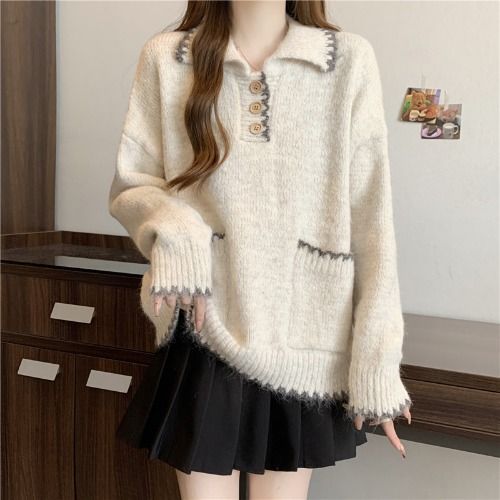 Damen Strickpullover mit Kragen und Knopfdetails Drune