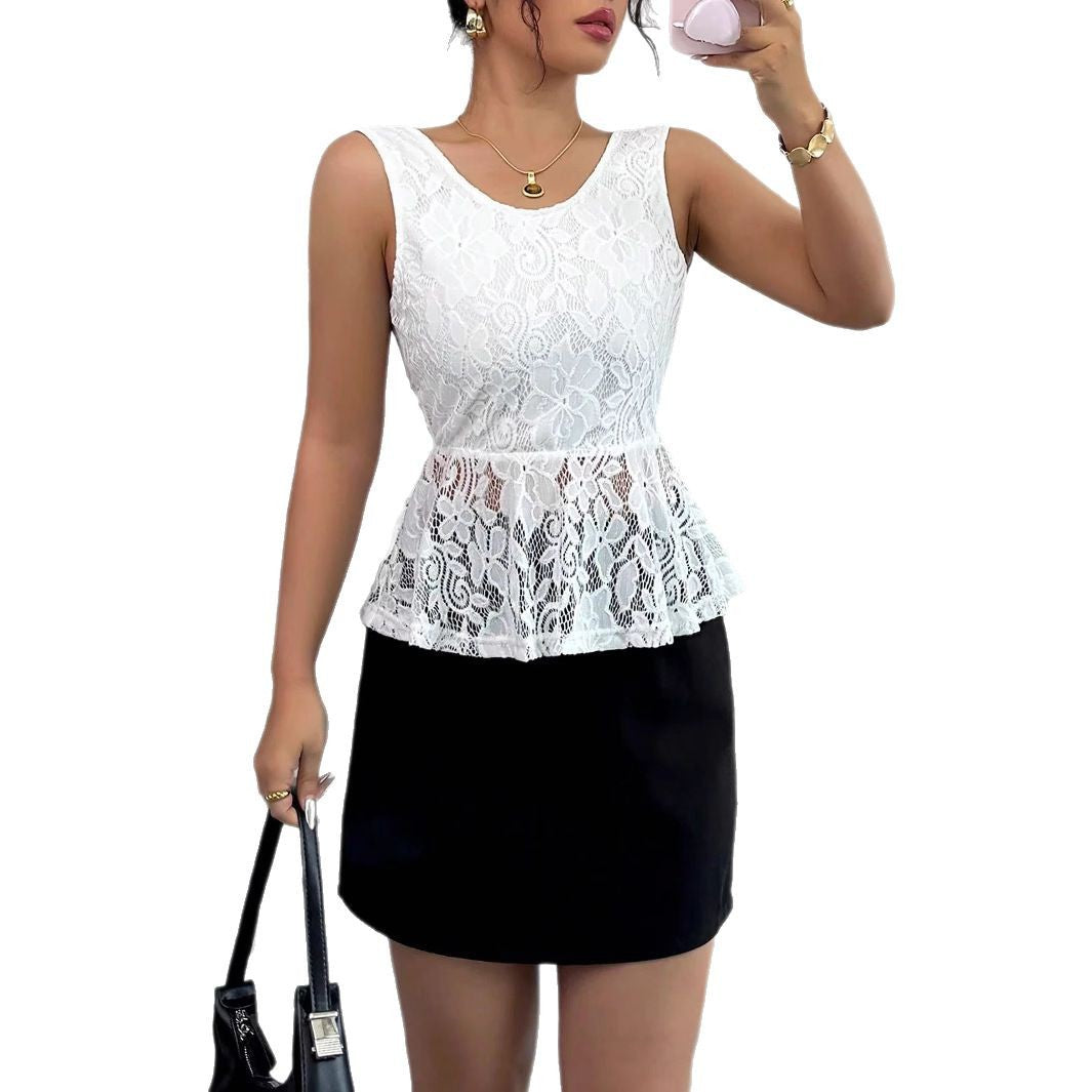 Damen nan tailliertes ärmelloses Spitzen-Peplum-Top mit gefütterter Brustpartie und transparentem Volant Drune