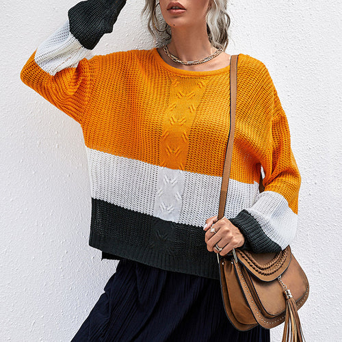 Damen Colorblock-Slouchy-Strickpullover mit Zopfmix und überschnittener Schulter Drune