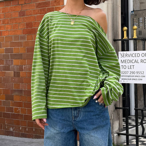 Damen Oversize-Langarmshirt mit breitem Ausschnitt, maritimem Streifen und relaxed Fit Drune