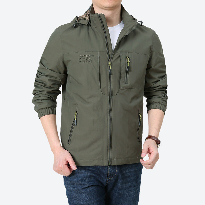 Herren Windabweisende Microfaser-Utilityjacke mit Kapuze und Mehrfach-Reißverschlusstaschen Drune